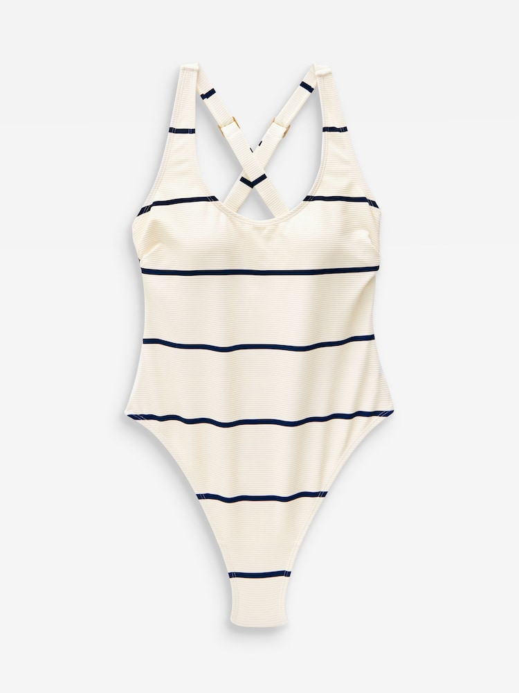 Ecru/Navy Stripe Rib Scoop Tummy Control Swimsuit - Image 6 of 6