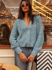 Blue Multicolour Neppy Button Through V-Neck Chunky Knitted Cardigan - Image 3 of 8