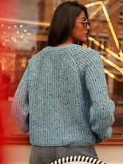 Blue Multicolour Neppy Button Through V-Neck Chunky Knitted Cardigan - Image 4 of 8