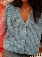 Blue Multicolour Neppy Button Through V-Neck Chunky Knitted Cardigan - Image 6 of 8