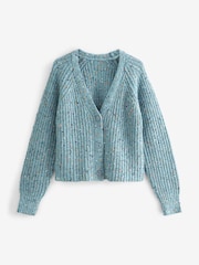 Blue Multicolour Neppy Button Through V-Neck Chunky Knitted Cardigan - Image 7 of 8