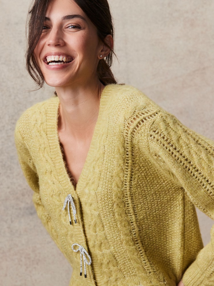 Rumena - Sparkle pentlja Button Cable Knitted pletena jopa - Slika 3 iz 3