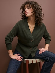 Kaki zelena - 100% Lambswool Soft Touch z gumbi po celotni dolžini pletena jopa - Slika 1 iz 4