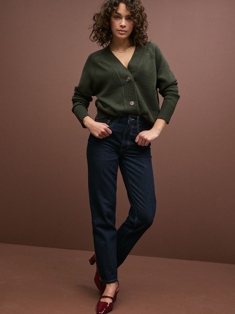 Kaki zelena - 100% Lambswool Soft Touch z gumbi po celotni dolžini pletena jopa - Slika 2 iz 4
