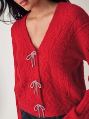 rdeča - Sparkle pentlja Button Cable Knitted pletena jopa - Slika 4 iz 7