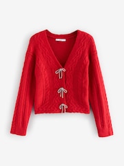rdeča - Sparkle pentlja Button Cable Knitted pletena jopa - Slika 5 iz 7