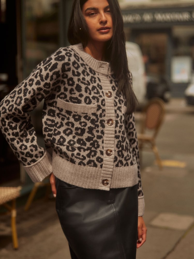 Neutral Brown Leopard Animal Soft Touch Button Up Pocket Knitted Cardigan - Image 1 of 6