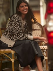 Neutral Brown Leopard Animal Soft Touch Button Up Pocket Knitted Cardigan - Image 2 of 6