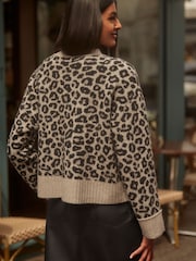 Neutral Brown Leopard Animal Soft Touch Button Up Pocket Knitted Cardigan - Image 3 of 6