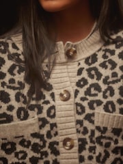 Neutral Brown Leopard Animal Soft Touch Button Up Pocket Knitted Cardigan - Image 4 of 6