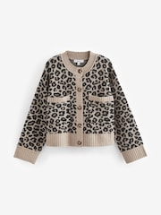 Neutral Brown Leopard Animal Soft Touch Button Up Pocket Knitted Cardigan - Image 6 of 6