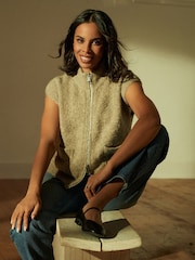 Neutral Zip Up Sleeveless Textured Knitted Gilet Vest Jacket - Image 1 of 7