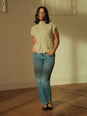 Neutral Zip Up Sleeveless Textured Knitted Gilet Vest Jacket - Image 2 of 7
