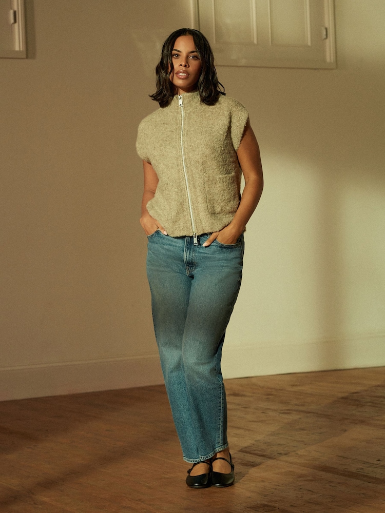 Neutral Zip Up Sleeveless Textured Knitted Gilet Vest Jacket - Image 2 of 7