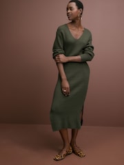 Verde kaki - Rochie pulover tricotată midi cu mânecă lungă și decolteu în V - Image 1 of 7
