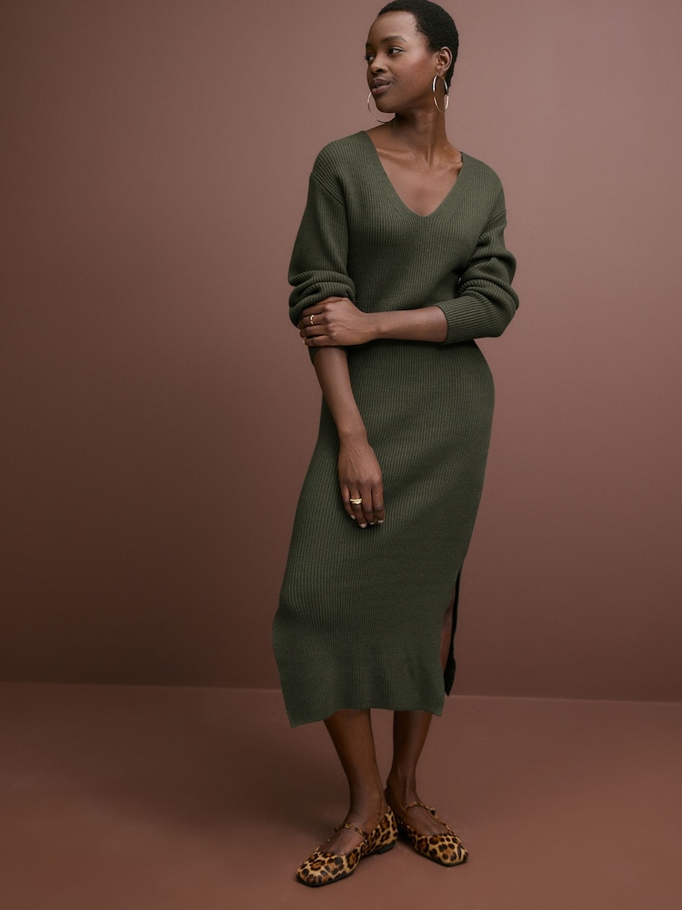 Verde kaki - Rochie pulover tricotată midi cu mânecă lungă și decolteu în V - Image 1 of 7