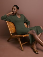 Verde kaki - Rochie pulover tricotată midi cu mânecă lungă și decolteu în V - Image 2 of 7