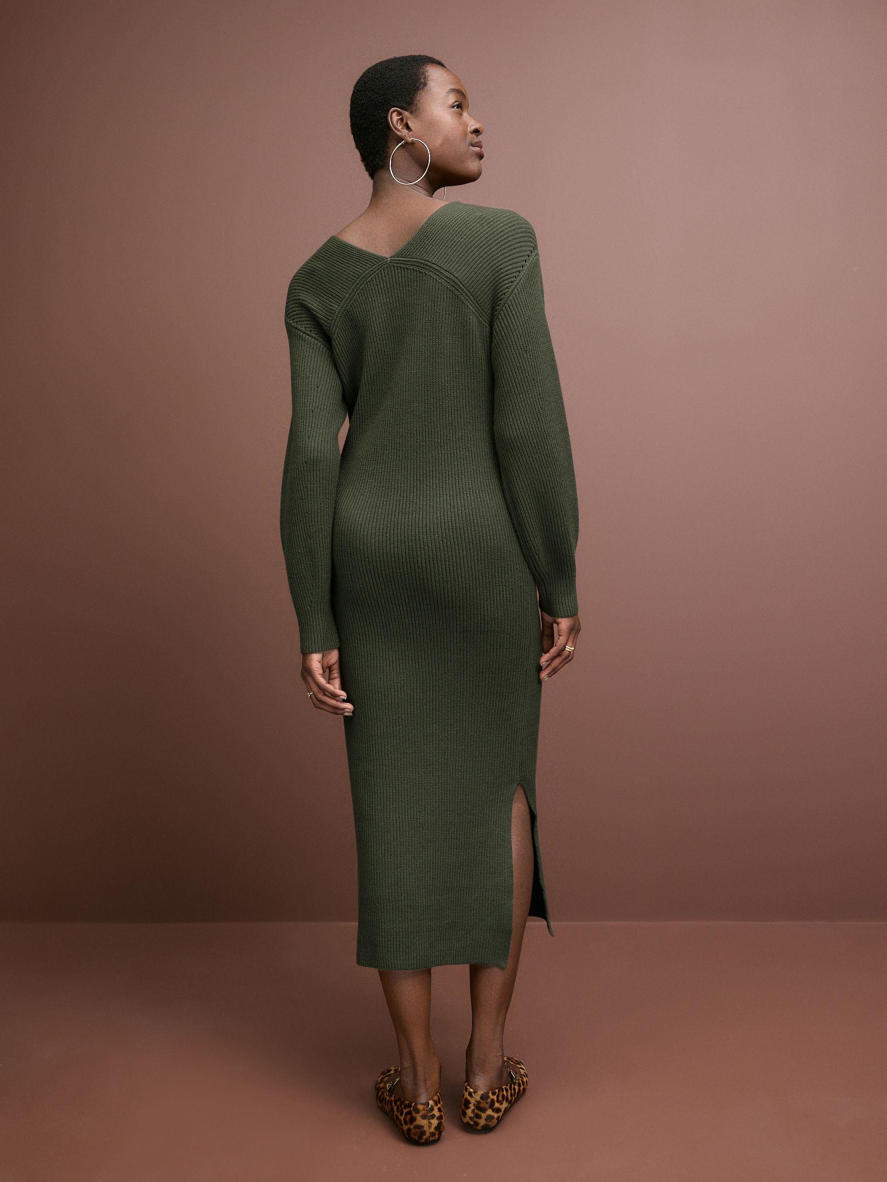 Buy Khaki Green Long Sleeve V-Neck Midi Ribbed Knitted Jumper Dress from  Next USA
