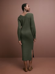Verde kaki - Rochie pulover tricotată midi cu mânecă lungă și decolteu în V - Image 3 of 7