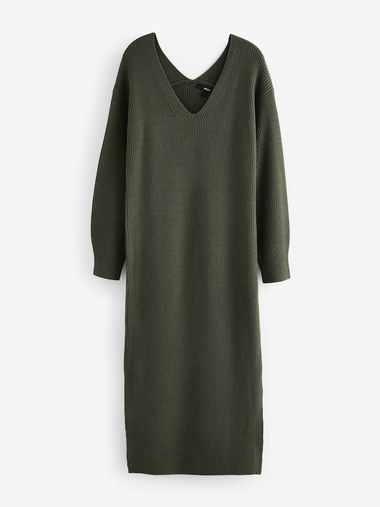 Buy Khaki Green Long Sleeve V-Neck Midi Ribbed Knitted Jumper Dress from  Next Germany