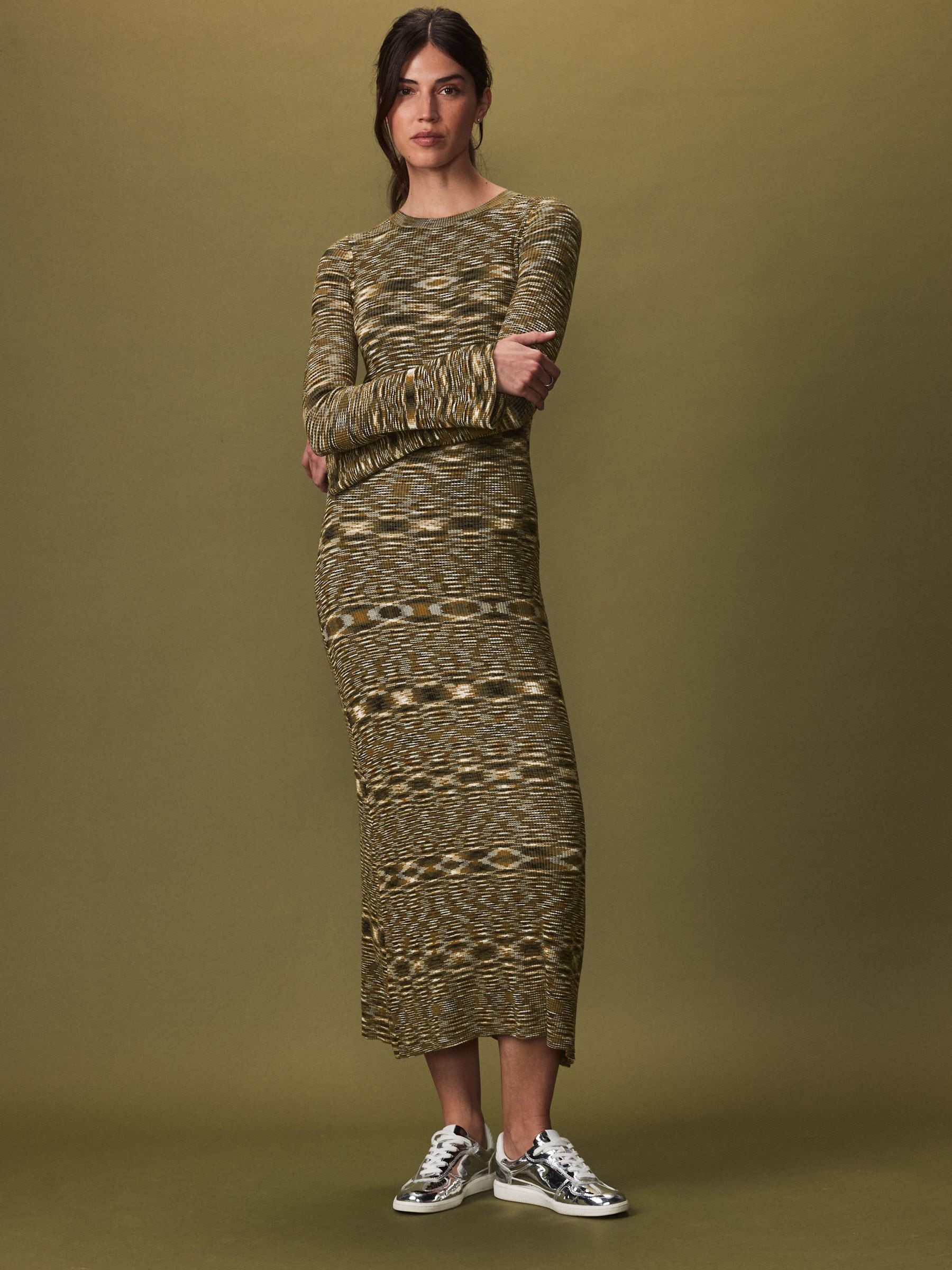 Buy Olive Green Spacedye Knitted Long Sleeve Midi Jumper Dress from Next USA