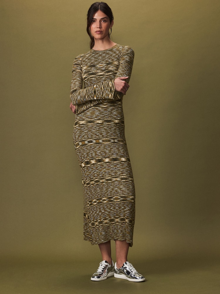 Olive Green Spacedye Knitted Long Sleeve Midi Jumper Dress - Image 1 of 6