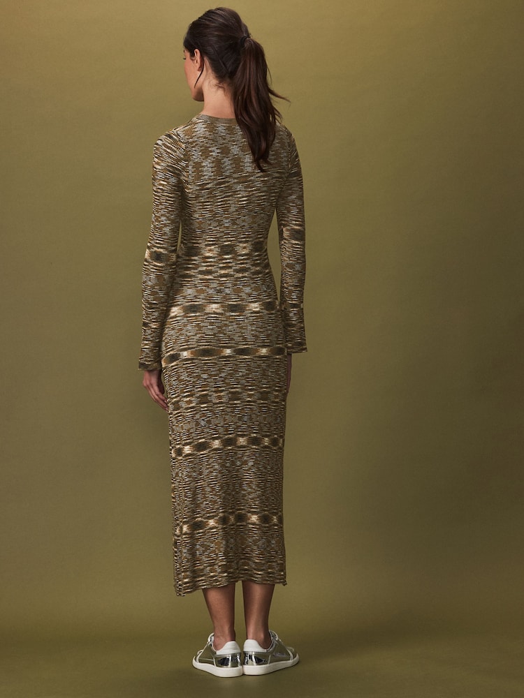 Olive Green Spacedye Knitted Long Sleeve Midi Jumper Dress - Image 2 of 6