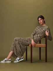 Olive Green Spacedye Knitted Long Sleeve Midi Jumper Dress - Image 3 of 6