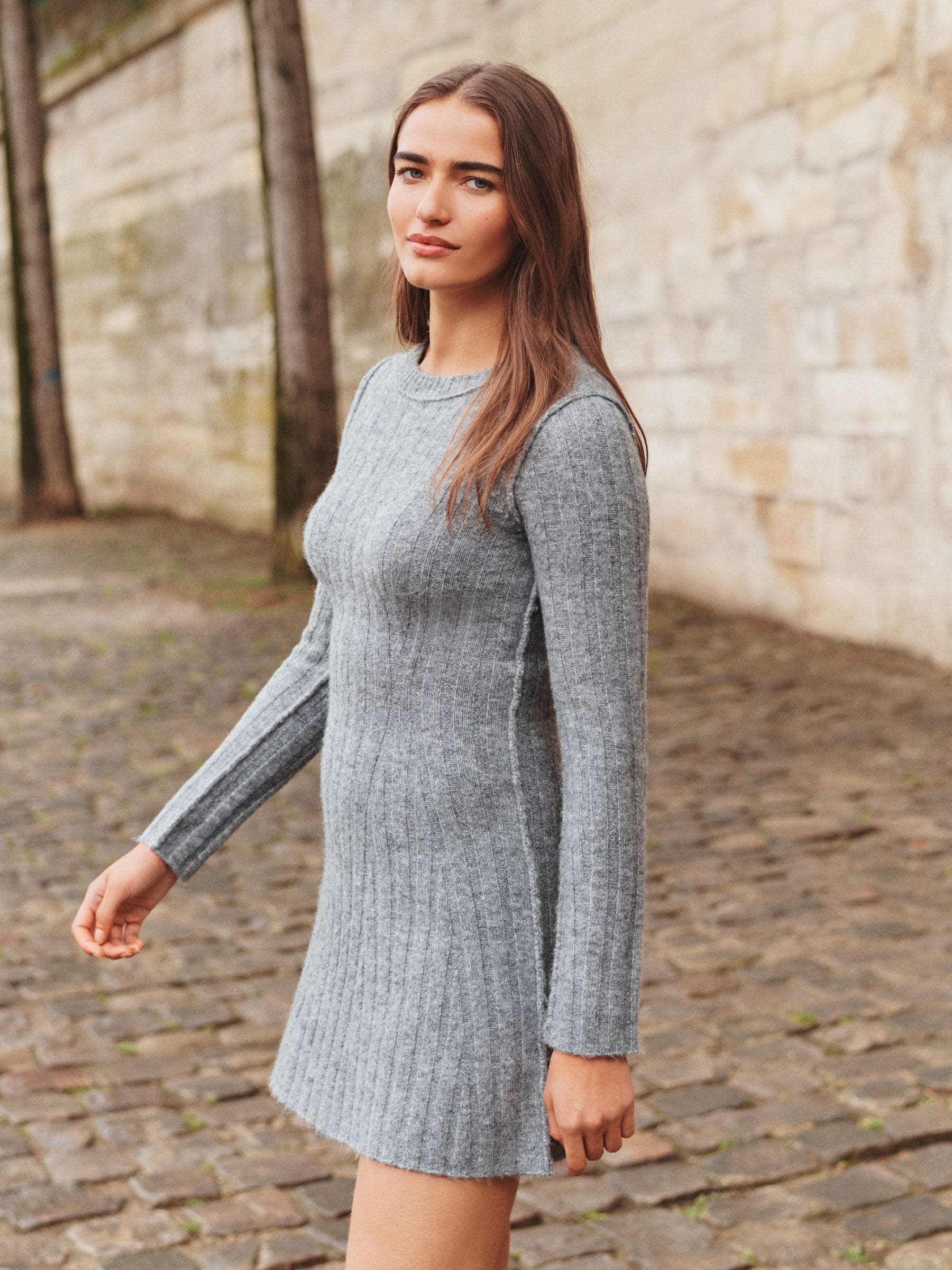 Buy Grey Ribbed Fit And Flare Mini Knitted Jumper Dress With Wool from Next Malta