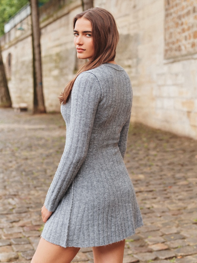Grey Ribbed Fit And Flare Mini Knitted Jumper Dress With Wool