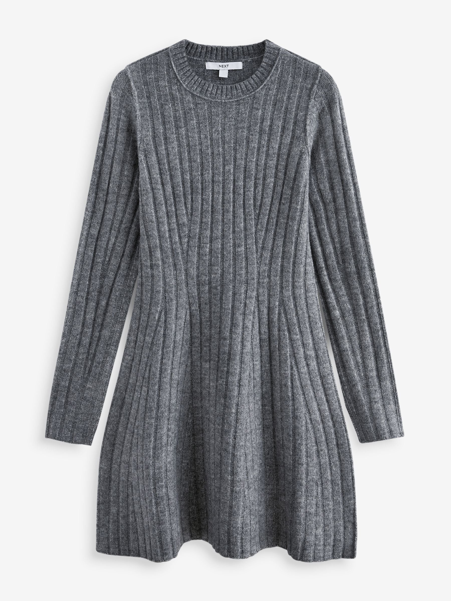 Buy Grey Ribbed Fit And Flare Mini Knitted Jumper Dress With Wool from the Next UK online shop