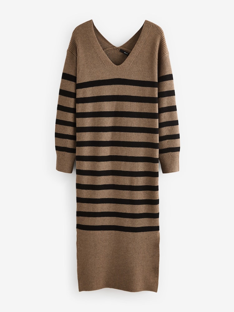 Camel Brown Stripe Long Sleeve V-Neck Midi Ribbed Knitted Jumper Dress - Image 2 of 3 Camel Brown Stripe Long Sleeve V-Neck Midi Ribbed Knitted Jumper Dress - Image 2 of 3