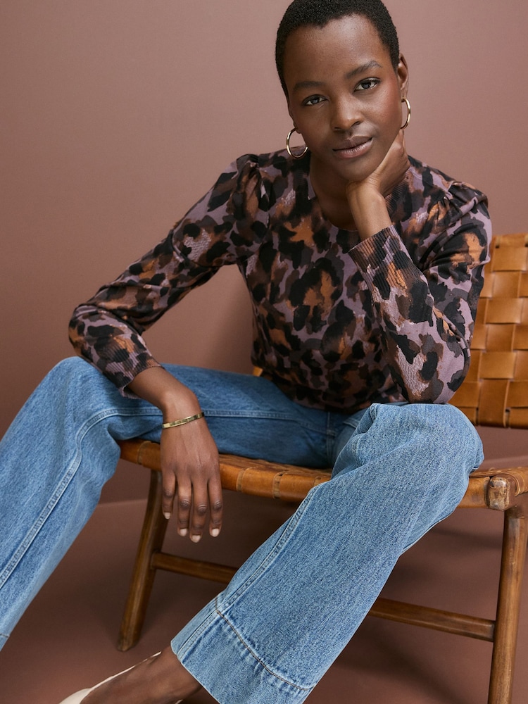 Purple Leopard Animal Crew Neck Long Sleeve Pattern Knitted Jumper - Image 1 of 7