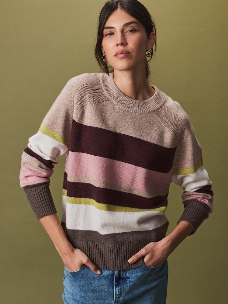 Neutral and Pink Stripe - Premium 100% Lambswool Pattern Col rond Knitted Pull - Image 3 of 7