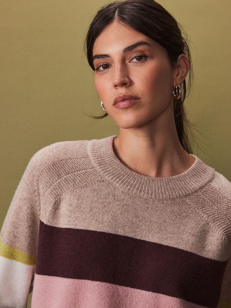 Neutral and Pink Stripe - Premium 100% Lambswool Pattern Col rond Knitted Pull - Image 5 of 7