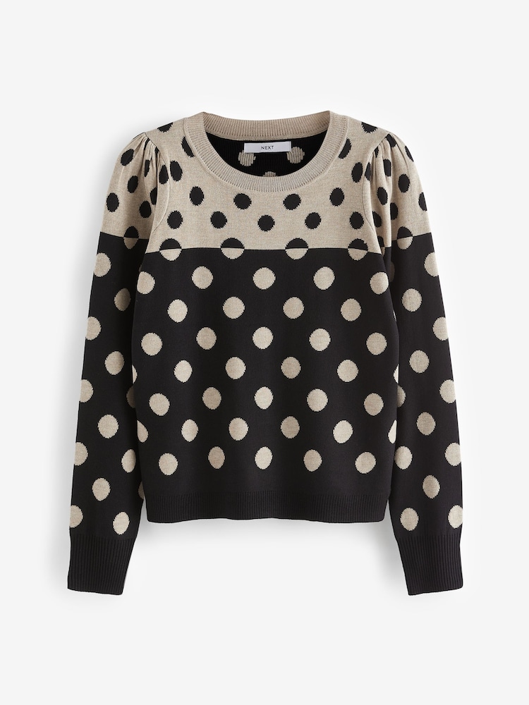 Schwarz und Neutral gepunktet - Langarm-Strickpullover mit Rundhalsausschnitt und Muster - Image 5 of 6