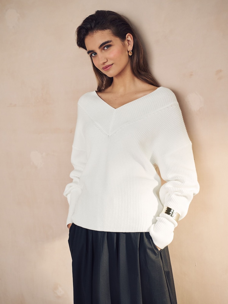 Ecru Relaxed Fit Ribbed V-Neck Knitted Jumper - Image 1 of 6