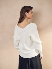 Ecru Relaxed Fit Ribbed V-Neck Knitted Jumper - Image 3 of 6