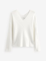 Ecru Relaxed Fit Ribbed V-Neck Knitted Jumper - Image 5 of 6