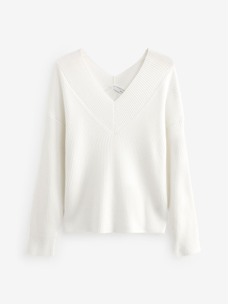 Buy Ecru Relaxed Fit Ribbed V-Neck Knitted Jumper from the Next UK