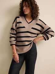 Neutral Relaxed Fit Ribbed V-Neck Knitted Jumper - Image 1 of 6