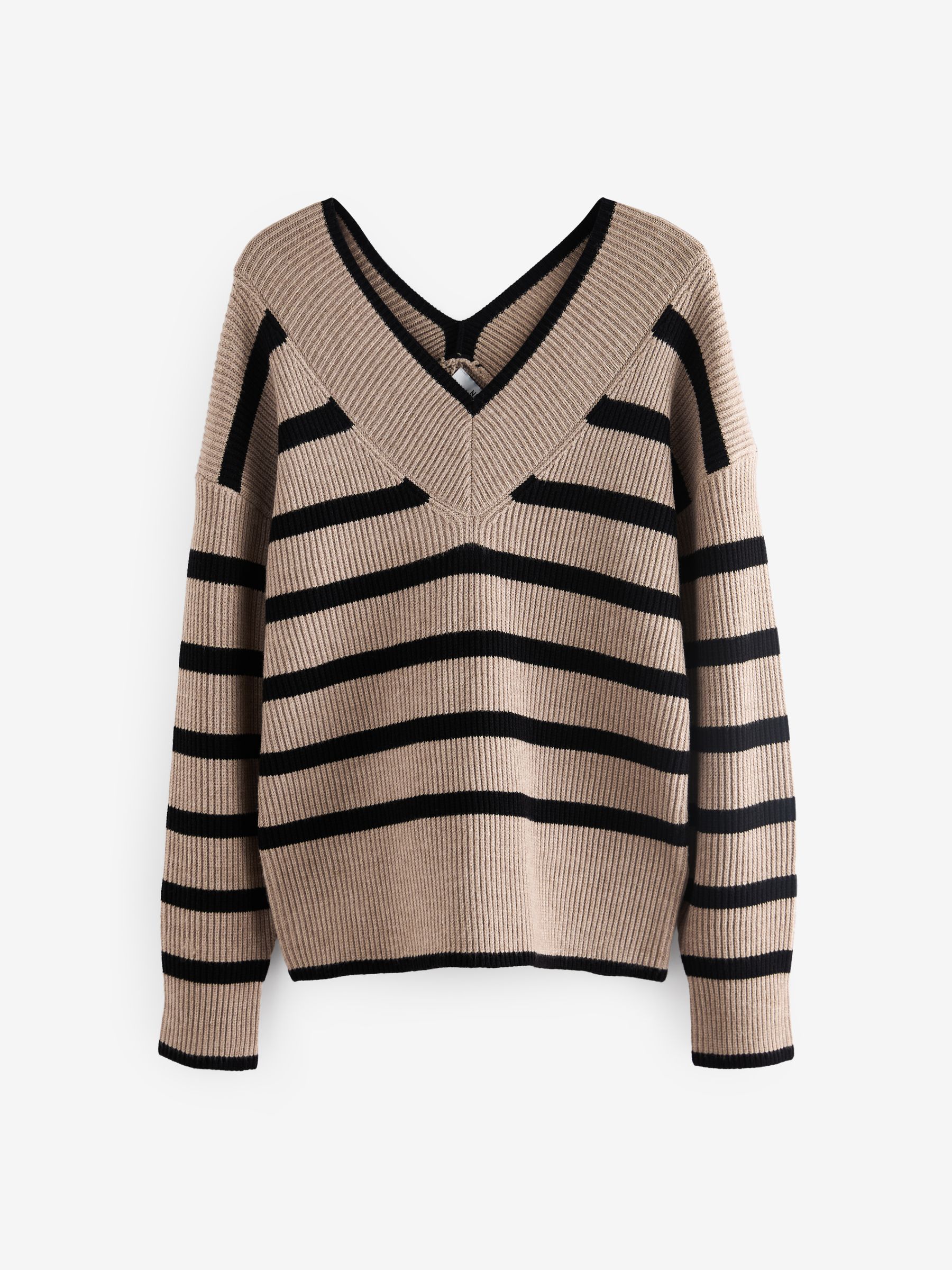 Buy Neutral Relaxed Fit Ribbed V-Neck Knitted Jumper from