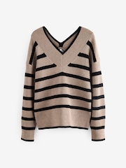 Neutral Relaxed Fit Ribbed V-Neck Knitted Jumper - Image 5 of 6
