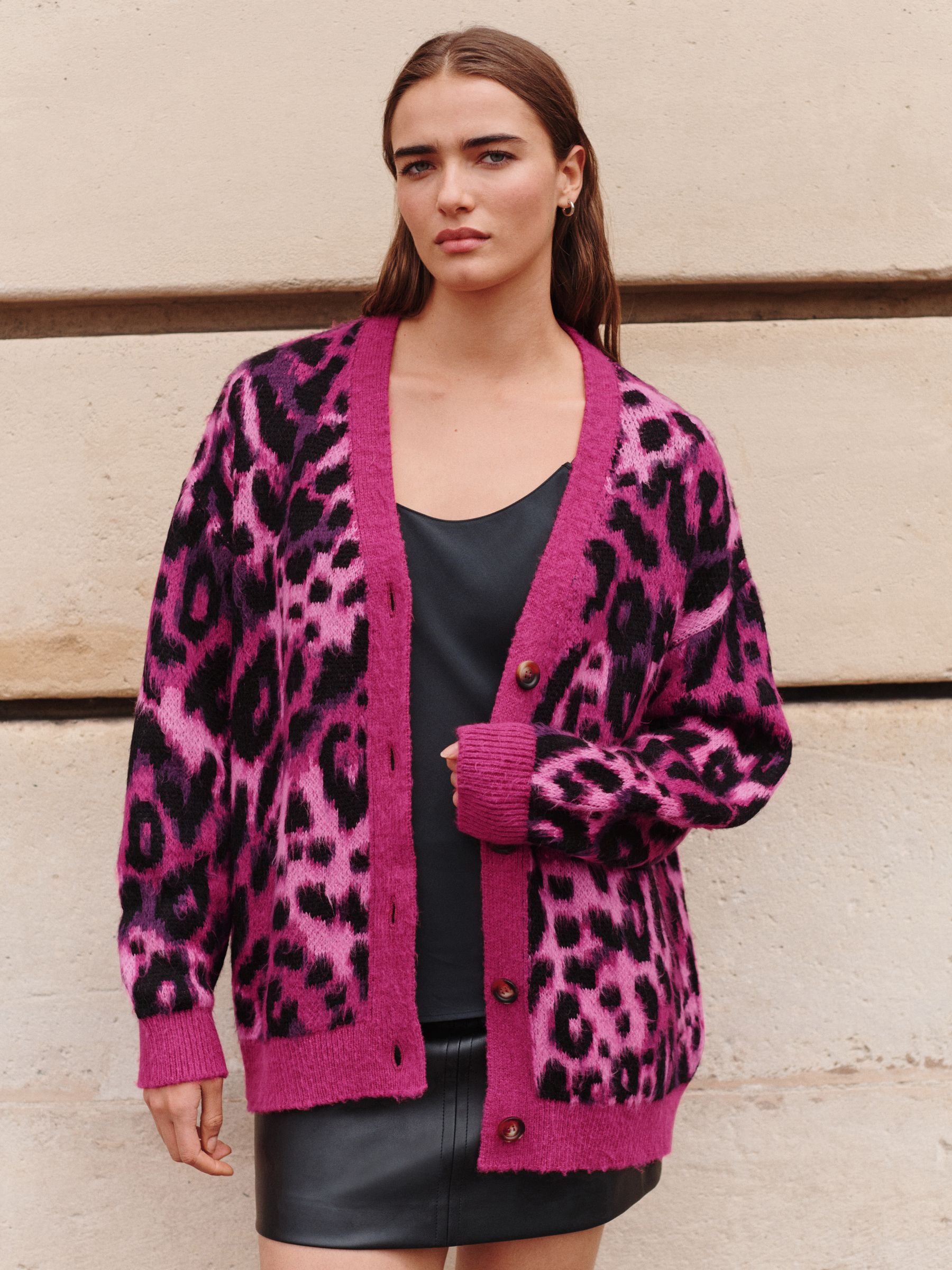 Buy Pink Leopard Animal Statement Pattern Button Front Knitted Cardigan from Next Luxembourg