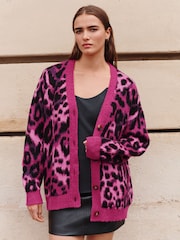 Pink Leopard Animal Statement Pattern Button Front Knitted Cardigan - Image 3 of 8
