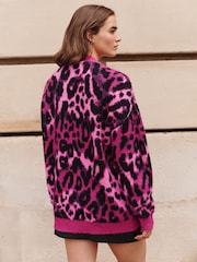 Pink Leopard Animal Statement Pattern Button Front Knitted Cardigan - Image 4 of 8