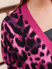 Pink Leopard Animal Statement Pattern Button Front Knitted Cardigan - Image 5 of 8