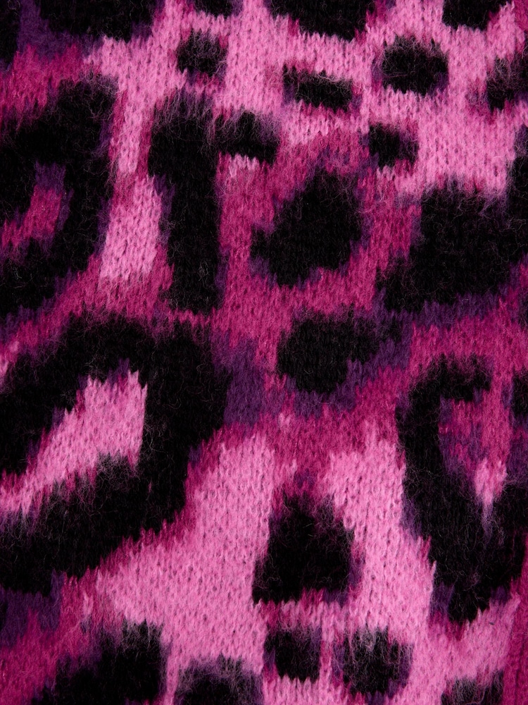 Pink Leopard Animal Statement Pattern Button Front Knitted Cardigan - Image 8 of 8