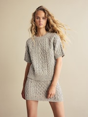 Grey Short Sleeve Cable Knitted Jumper With Wool - Image 1 of 7