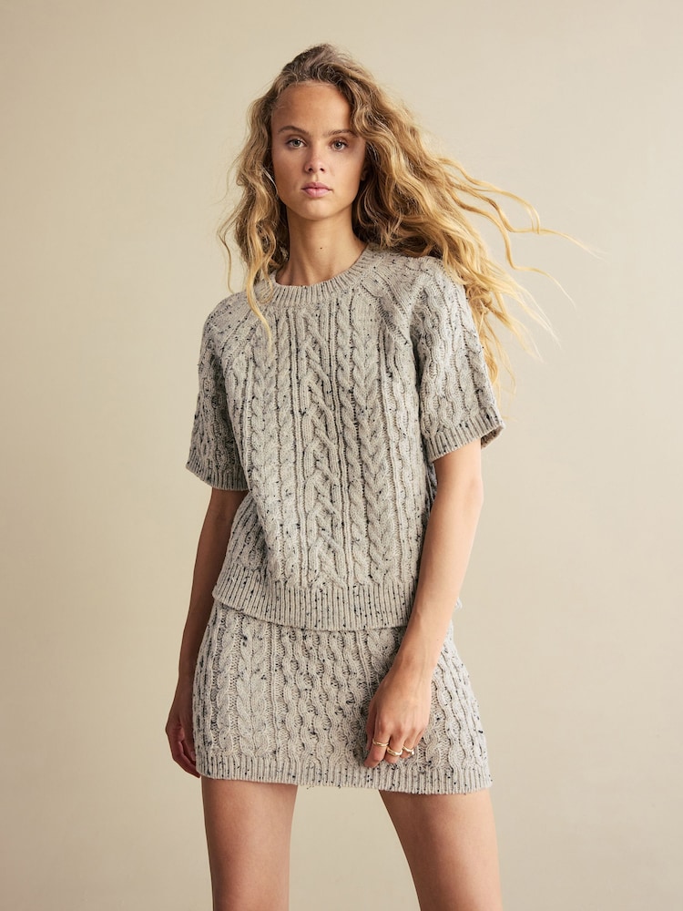 Grey Short Sleeve Cable Knitted Jumper With Wool - Image 1 of 7